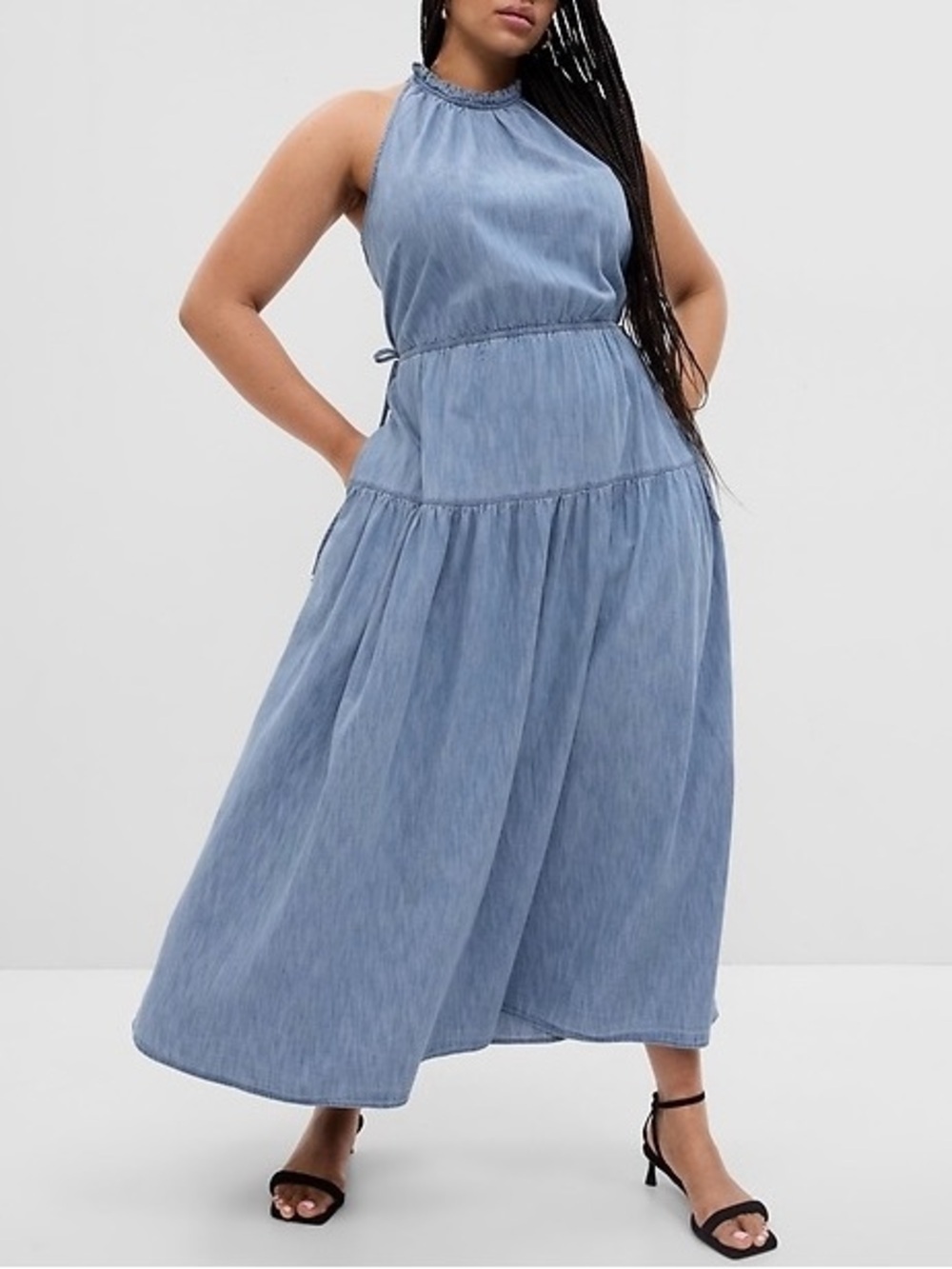 GAP High Neck Halter Denim Tiered Maxi Dress XL Tall Cotton Chambray Western